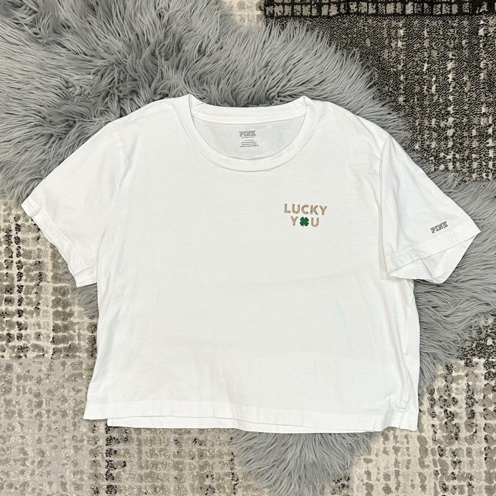 Victoria Secret‎ Women's White Crop Top "Lucky You" St Patrick's Day Top Size LG